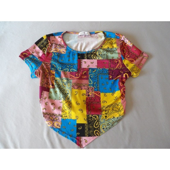 Love J Large Crop Top Shirt Boho Festival Paisley Colorful Open Tie Back - Picture 2 of 6